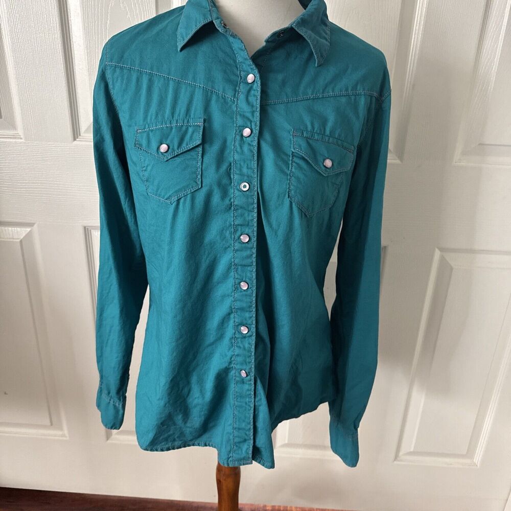 Cruel Women’s Western Snap Shirt Large Teal Aztec Print Boho Cowgirl Rodeo FLAW